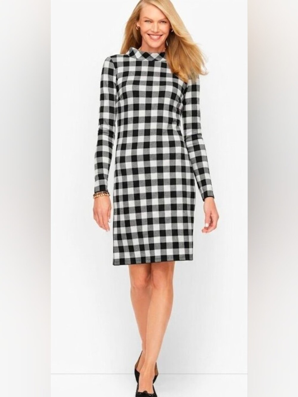 Talbots Black & White Plaid Long-Sleeve Sheath Dress - Size XL